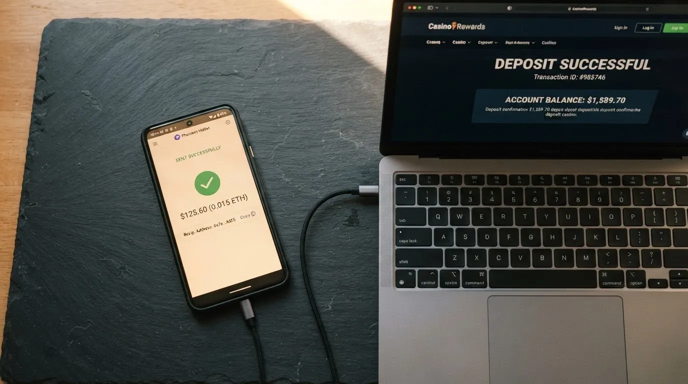 A smartphone displaying a Bitcoin wallet with a send-confirmation screen, next to a casino cashier showing a credited BTC deposit