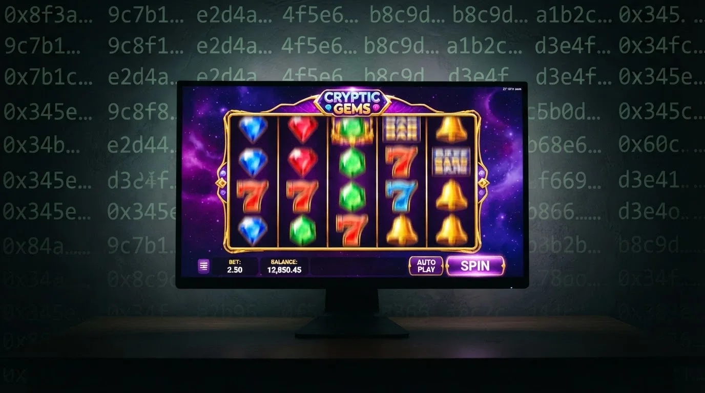A row of five colourful online-pokie reels mid-spin, with cryptographic hash strings faintly visible in the background