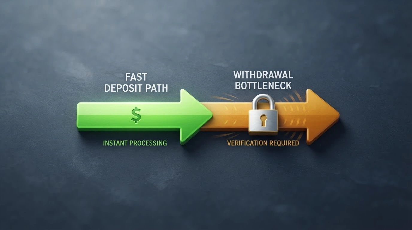 A bitcoin transaction arrow moving left-to-right, fast and green on the deposit side, slow and amber with a padlock icon on the withdrawal side