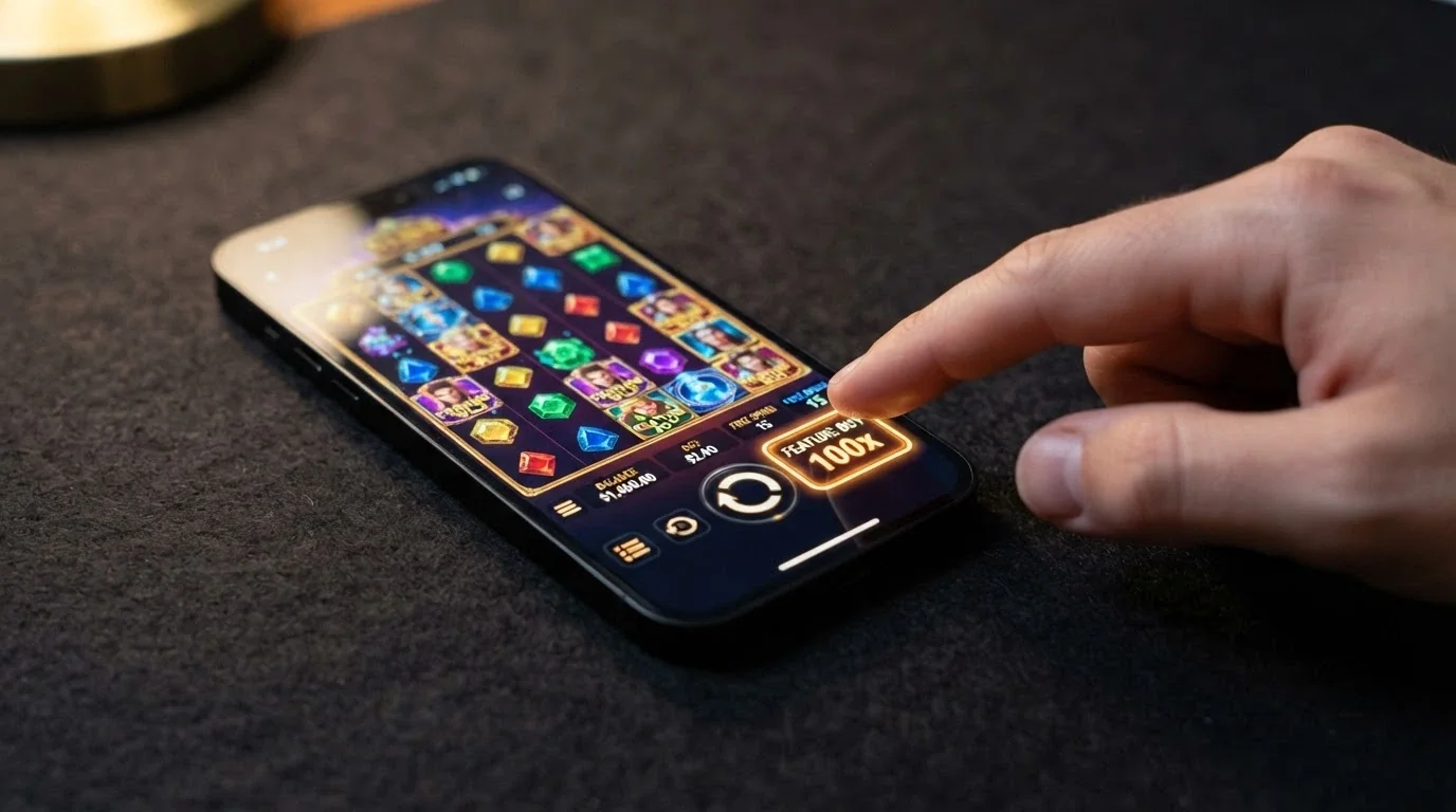 Pokie interface highlighting the Feature Buy button with its 100x cost displayed next to the spin button on a 7-reel title