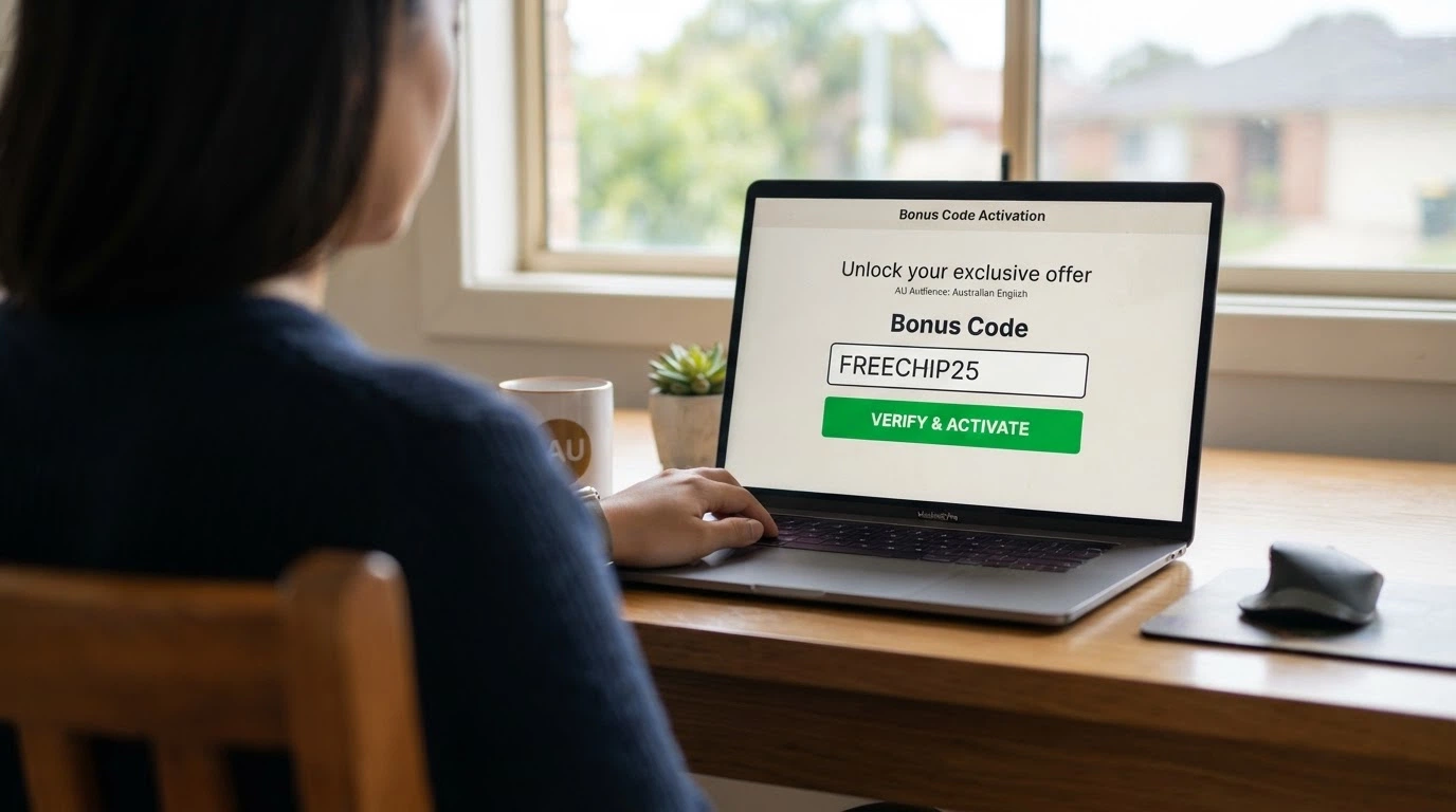 A step-by-step visual of a bonus code field being filled in on a casino registration or cashier page