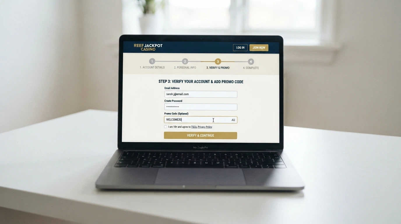 A step-by-step casino signup form on a laptop with the promo code field highlighted