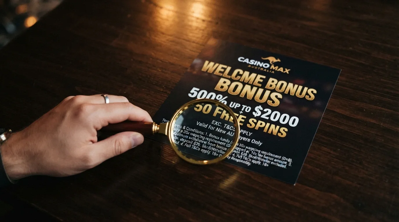A welcome-bonus banner advertising a large percentage match, with a magnifying glass hovering over the terms and conditions text revealing wagering requirements and withdrawal caps