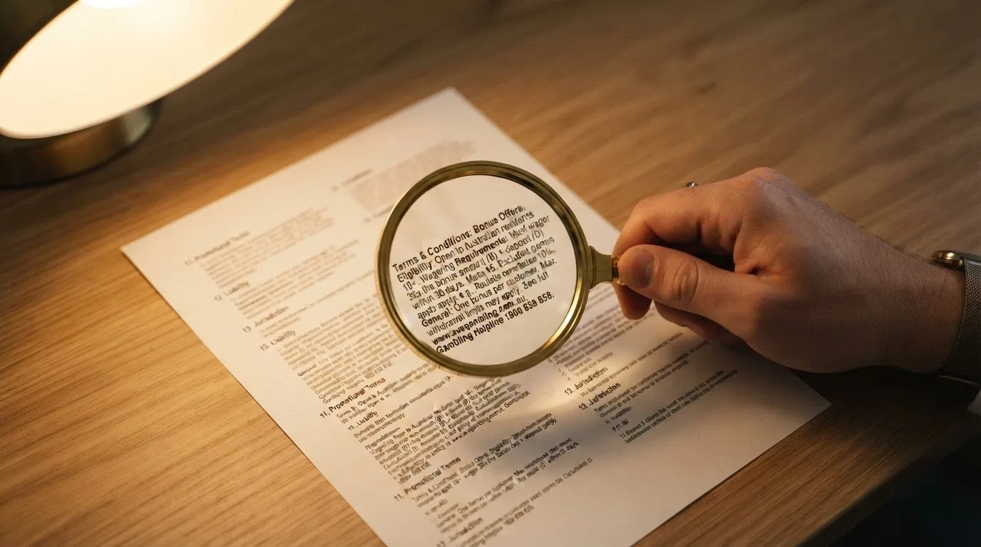 A magnifying glass held over printed bonus terms and conditions, highlighting small text