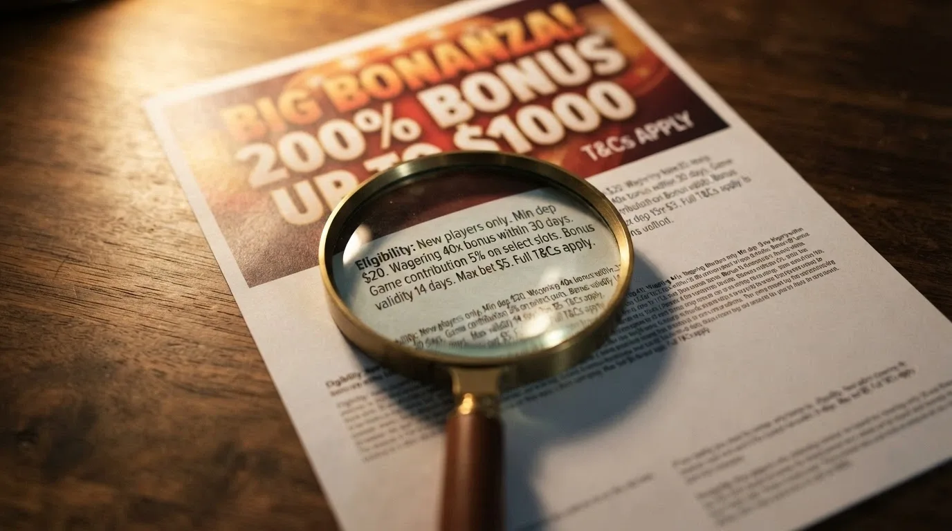 A welcome-bonus banner ad shown under a magnifying glass, with the fine-print terms — wagering 40×, craps contribution 5%, validity 14 days — enlarged and highlighted beneath it