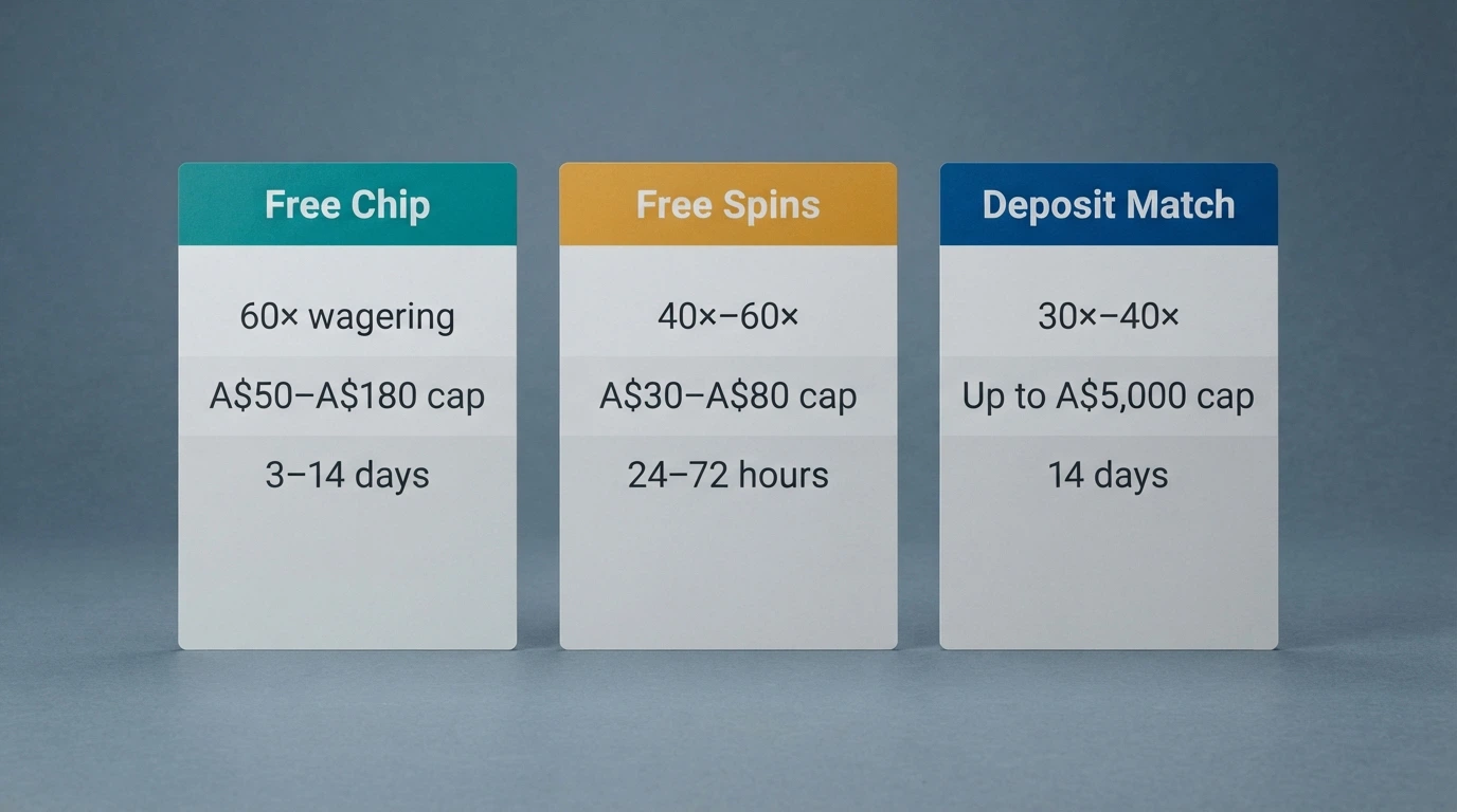 Three casino bonus offer cards placed side by side, each with a different headline figure, wagering multiple and cashout cap highlighted in contrasting colours