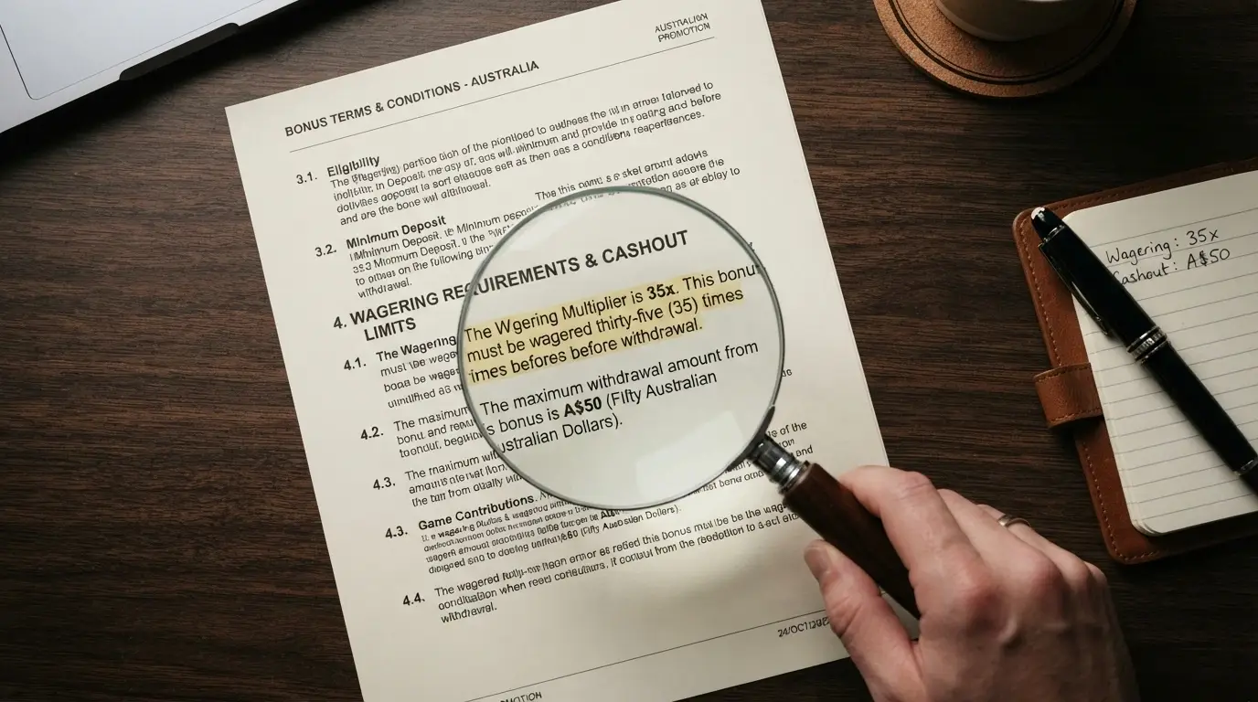 A magnifying glass held over bonus terms and conditions text with wagering requirements and cashout caps highlighted