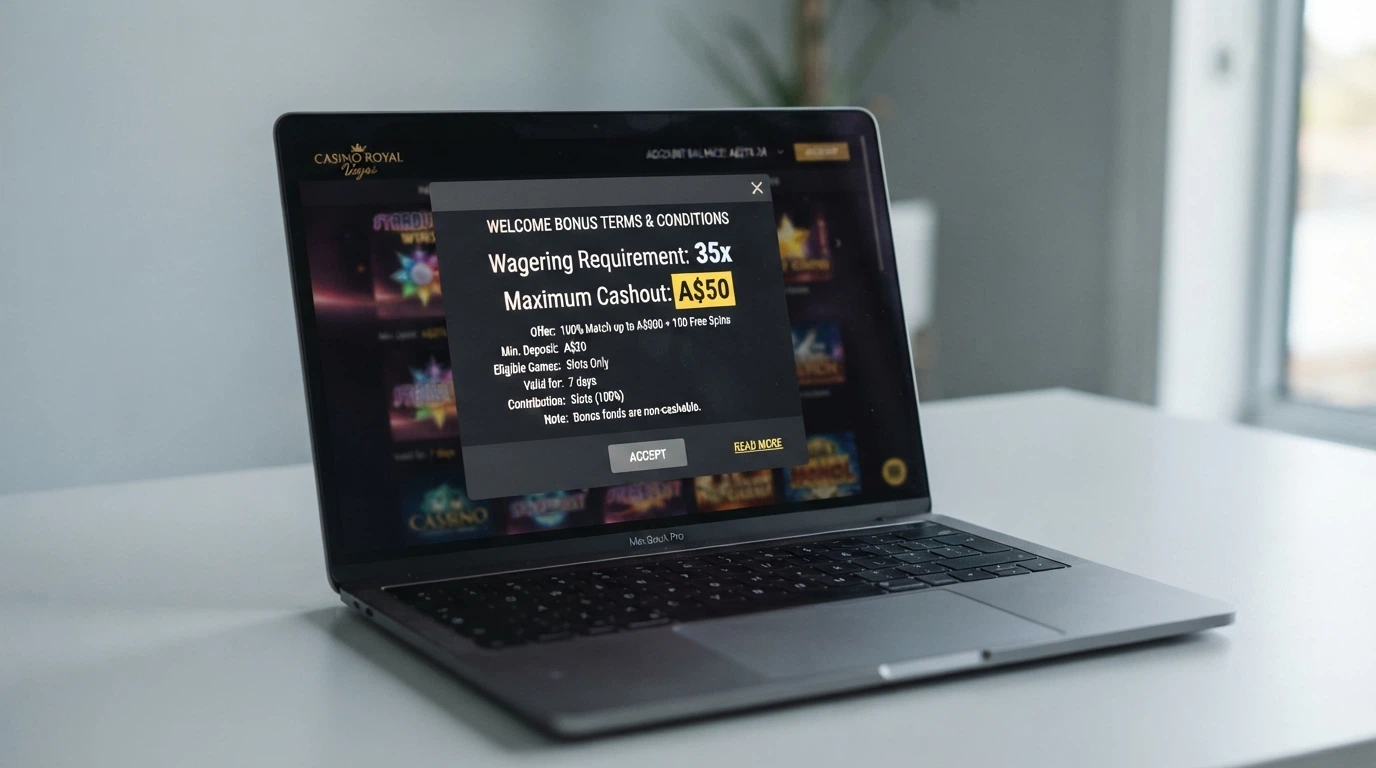 A close-up of a casino bonus terms popup highlighting wagering requirements and a max cashout cap in Australian dollars