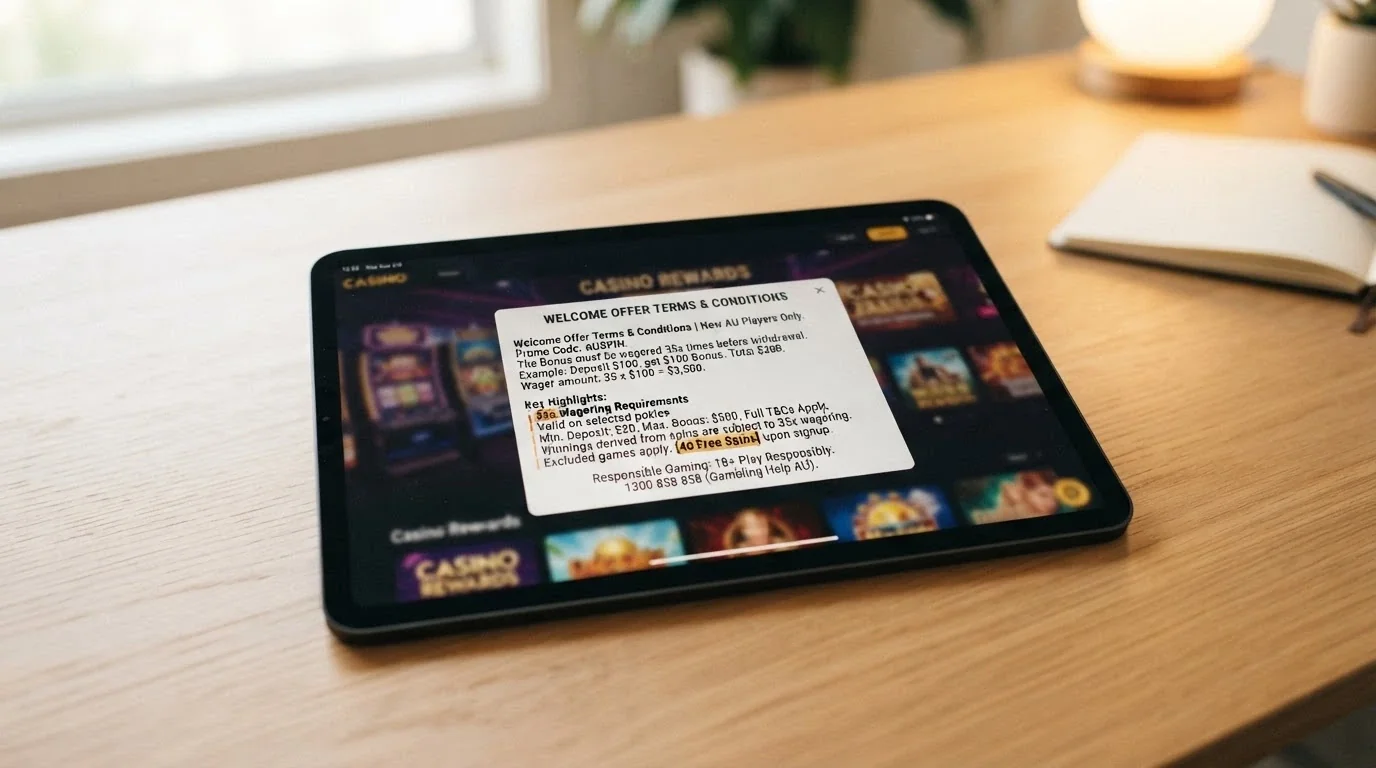 An iPad displaying a casino promotion terms pop-up with wagering-requirement text and a highlighted multiplier