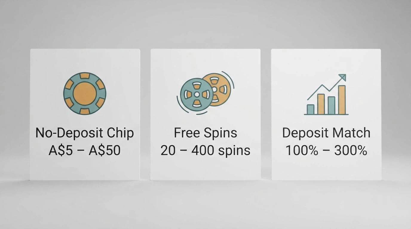 Three cards side by side labelled No-Deposit Chip, Free Spins and Deposit Match with their typical AU dollar ranges underneath