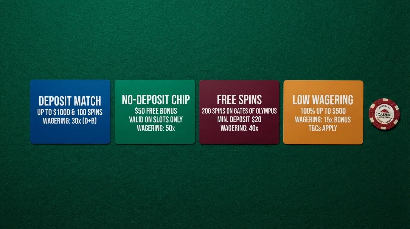 Four bonus cards laid out side by side — a deposit match, a no-deposit chip, free spins and a low-wagering offer — each with its key terms printed underneath
