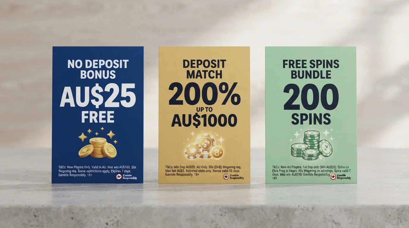 Three casino bonus offer banners displayed side by side — one no-deposit, one deposit-match and one free-spin promotion — each with its wagering terms highlighted in fine print below the headline number