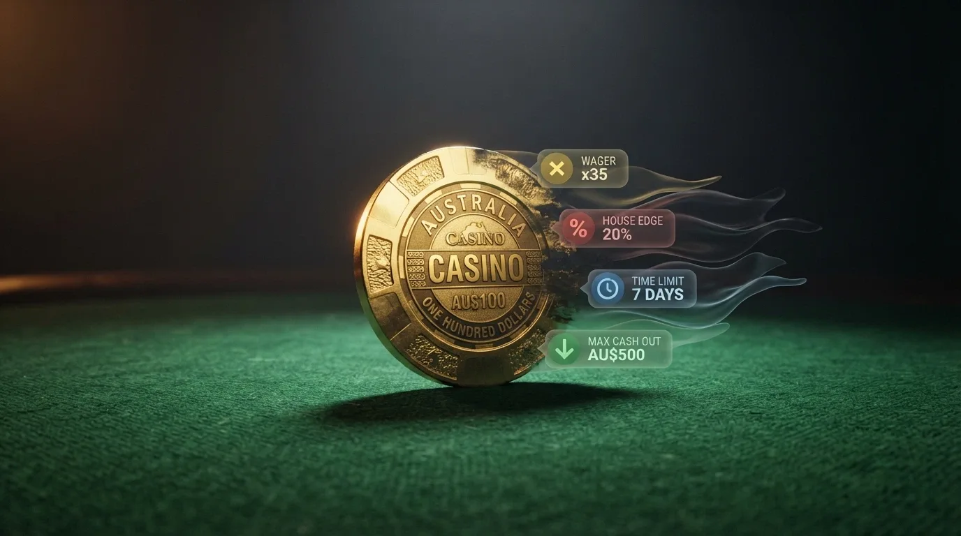 An illustration of a A$500 bonus chip being reduced in stages as wagering requirements, game contribution rates, max-bet caps and a ticking validity clock strip its real value