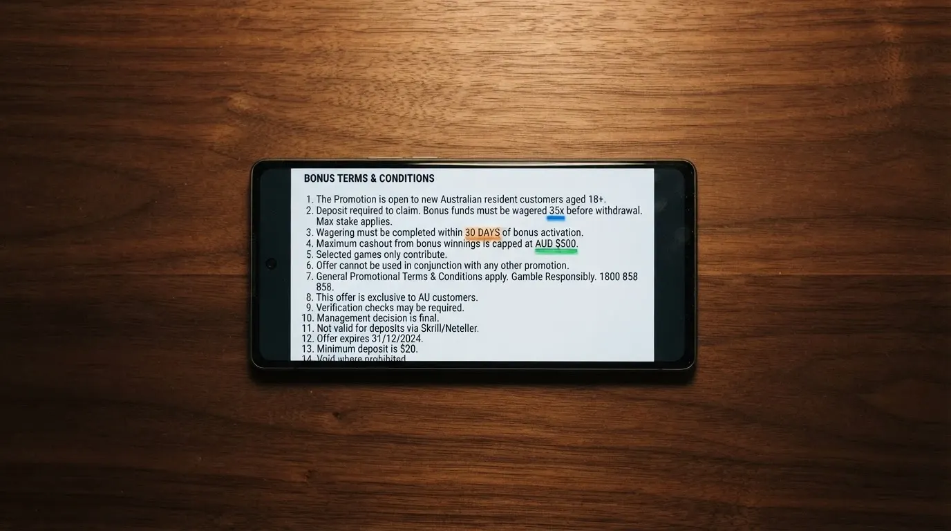 A close-up of bonus terms and conditions text on a phone screen, with three key numbers — wagering multiplier, validity days and max cashout — highlighted with coloured underlines