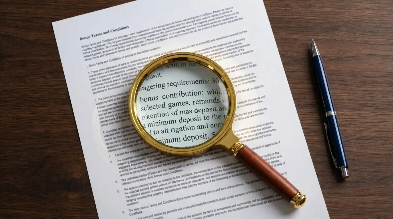 Magnifying glass over a bonus terms-and-conditions section with wagering and contribution-rate clauses highlighted