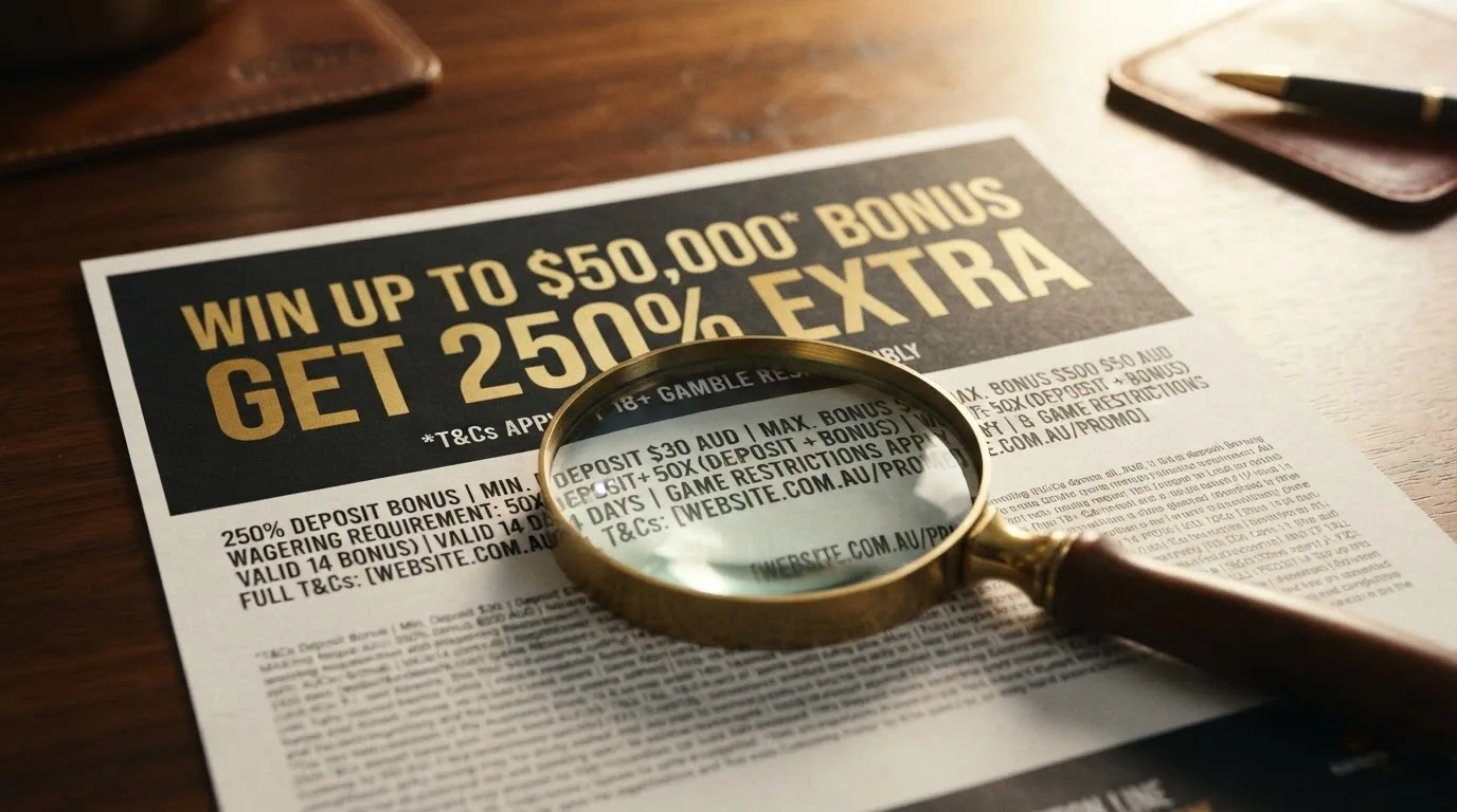 A welcome-bonus advertisement with the headline figure highlighted, beside a magnifying glass enlarging the fine-print wagering clause underneath