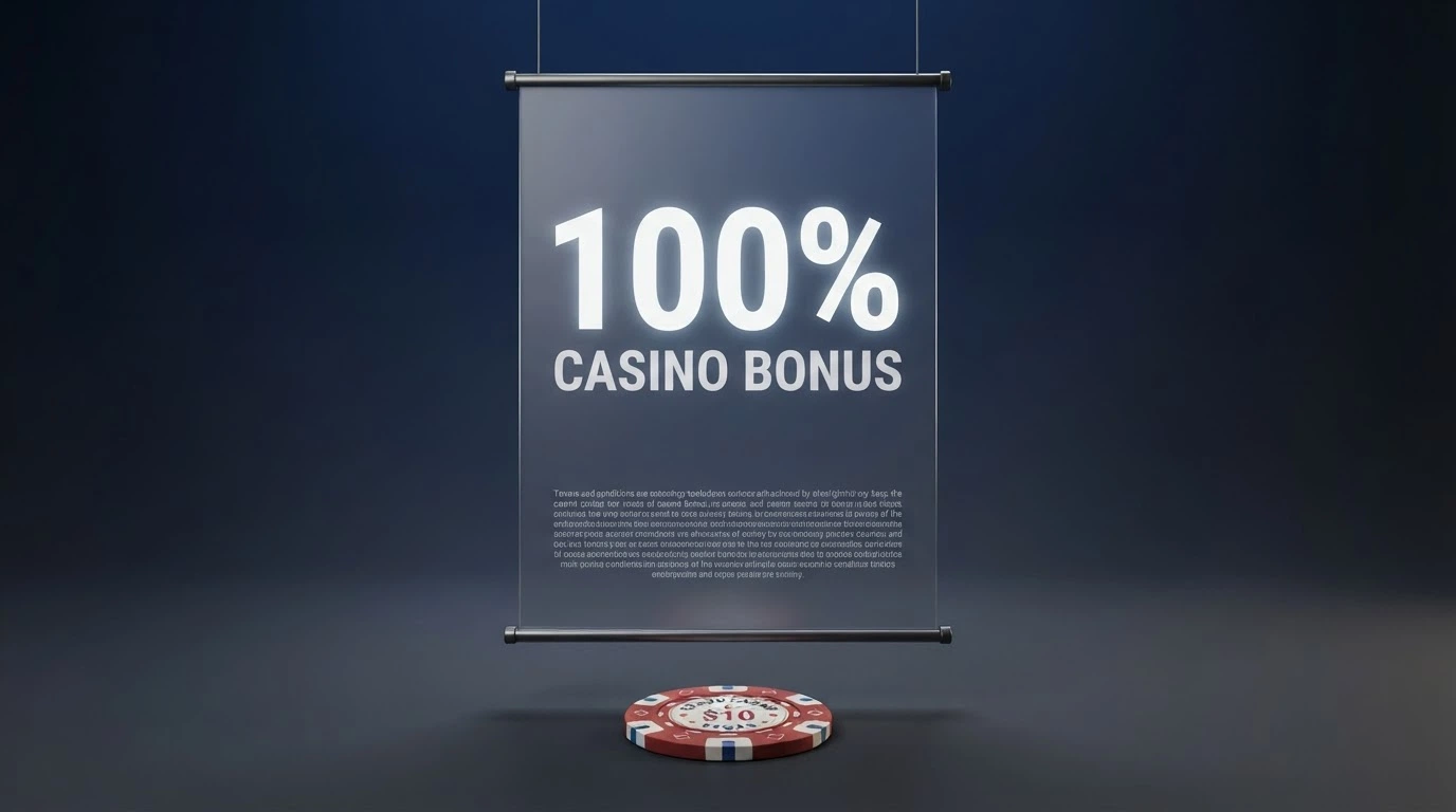 A welcome bonus banner with a large headline amount and small terms text beneath it