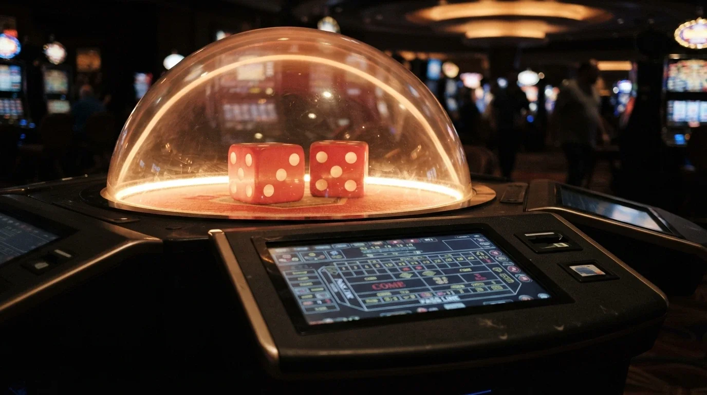 An angled shot of a bubble-craps terminal — a large transparent dome containing two oversized red dice above a digital betting screen, lit from within