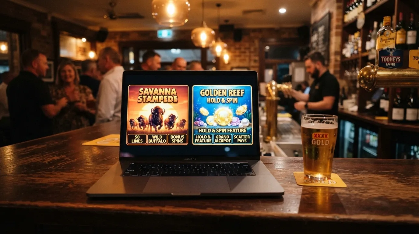 Buffalo and Lightning Link pokie title cards side by side with their RTP and volatility callouts