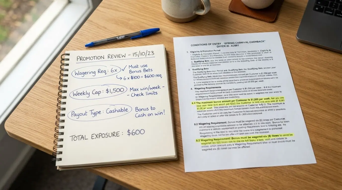 A notepad with three circled figures — wagering multiple, weekly cap and payout type — beside a casino terms page