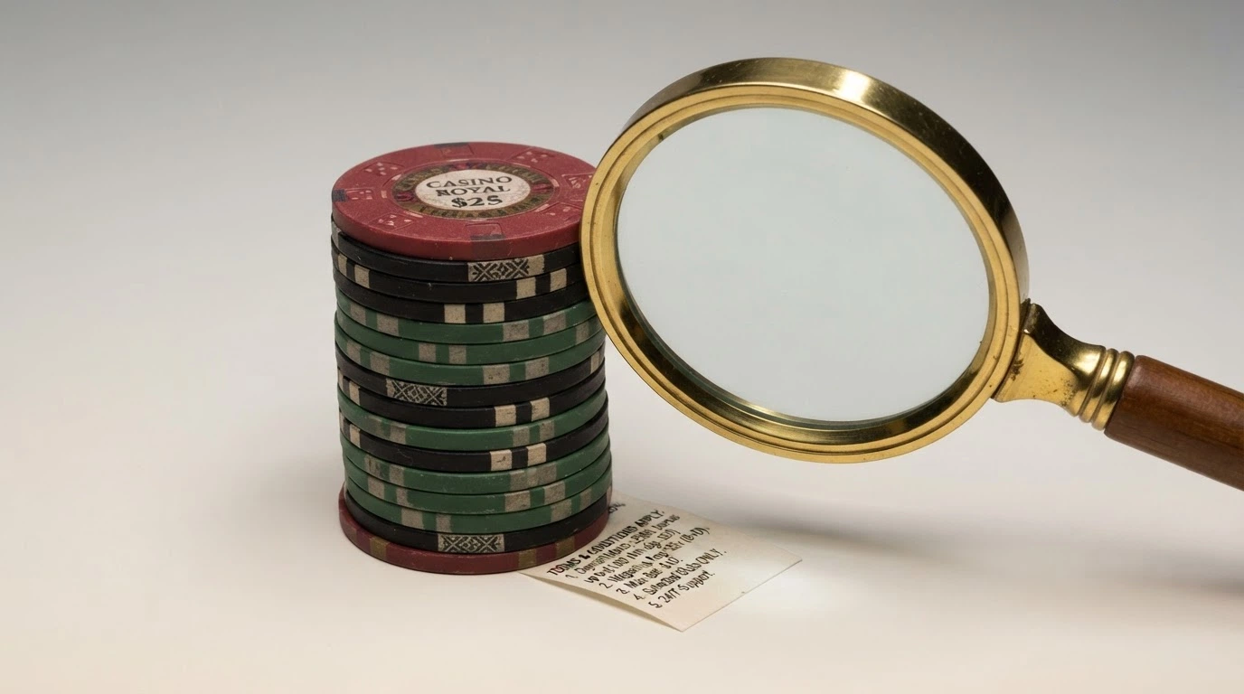 A stack of casino chips partially obscured by a magnifying glass revealing fine-print terms beneath
