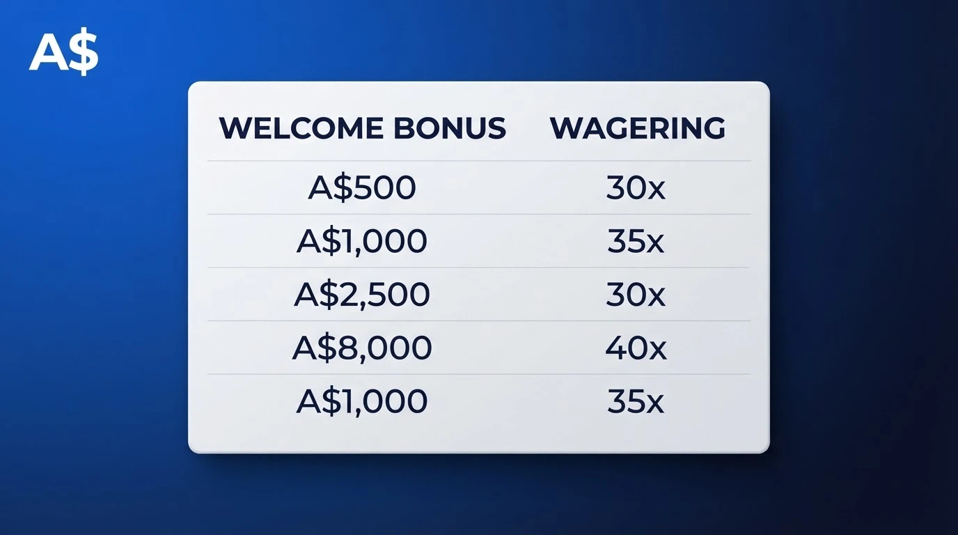 A comparison chart showing the welcome bonus and wagering terms of the ten offshore casino apps reviewed