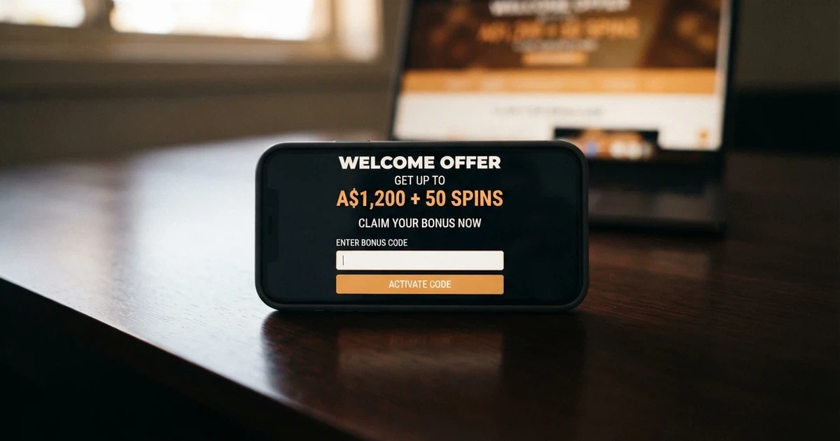 A close-up of a smartphone screen showing an online casino bonus code entry field with a promotional banner behind it displaying a welcome offer in Australian dollars