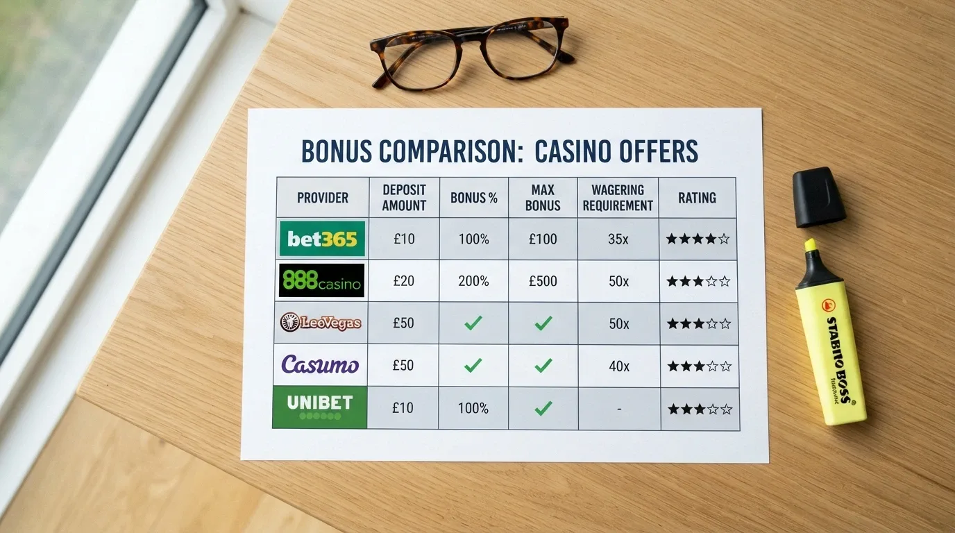 A stylised comparison table or checklist showing operator names against columns for minimum deposit, wagering, and bonus match percentage