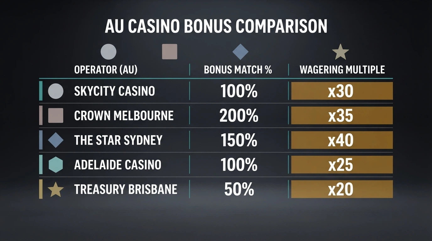 A grid of casino brand marks arranged above a comparison table with bonus match percentages and wagering multiples highlighted in colour