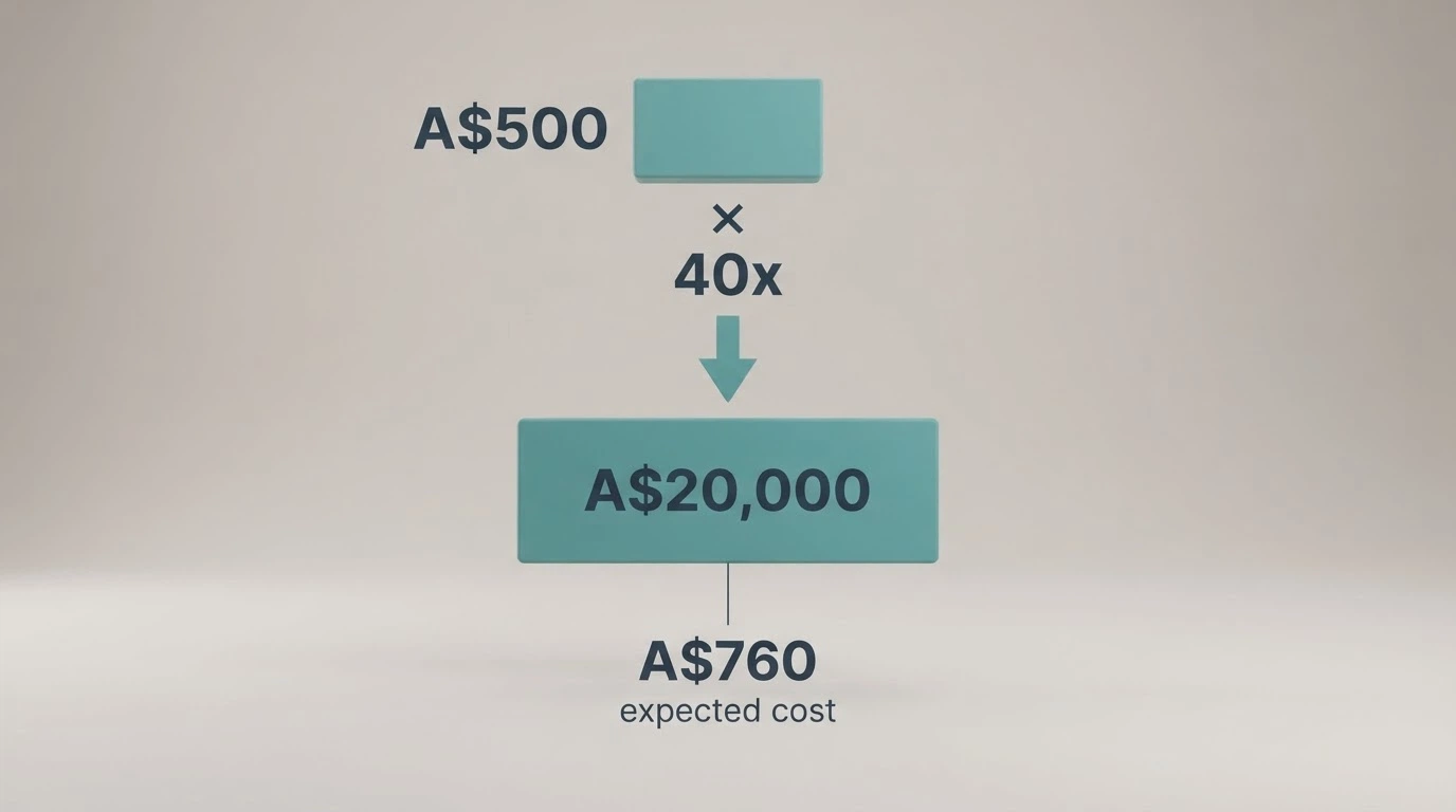 A breakdown graphic showing a A$500 casino bonus, a 40x wagering multiplier and the resulting A$20,000 turnover figure