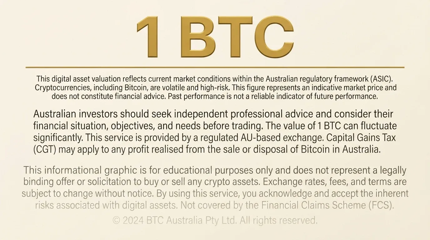 A large bold bonus figure (e.g. “1 BTC”) with fine-print terms unspooling beneath it, the fine print growing larger as it descends