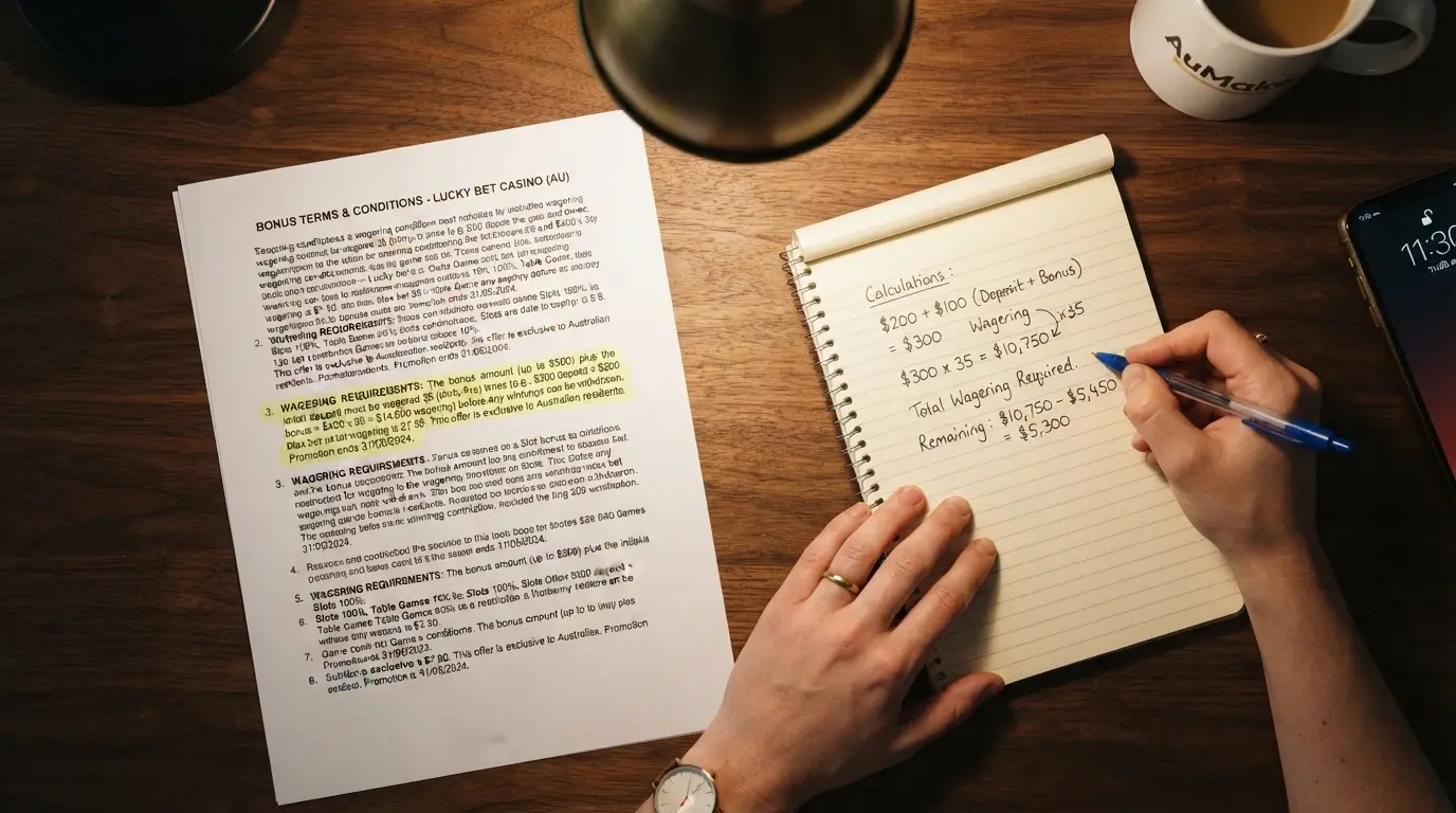 A highlighted wagering-requirement clause on a bonus terms page with a calculator and AU dollar figures beside it
