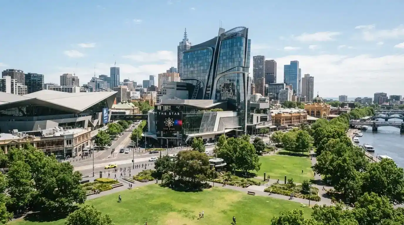 A wide shot of 21 Binara Street showing the casino building against the Glebe Park and National Convention Centre backdrop
