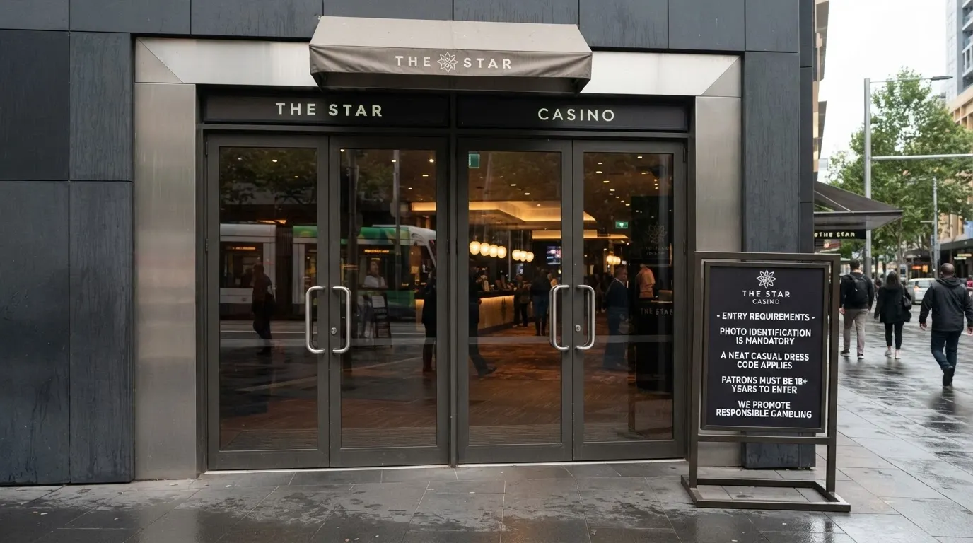 The Casino Canberra entry door with the photo-ID and dress-code signage visible beside the door