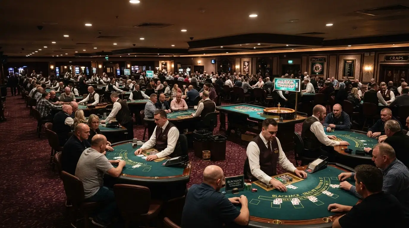 The main gaming floor at Casino Canberra showing rows of blackjack and roulette tables with dealers and seated players