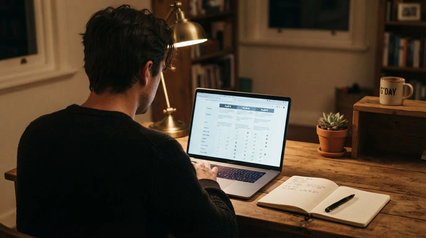 A wide view of a comparison table on a laptop screen with casino names, bonus columns and check-mark icons, a notepad and pen beside the laptop
