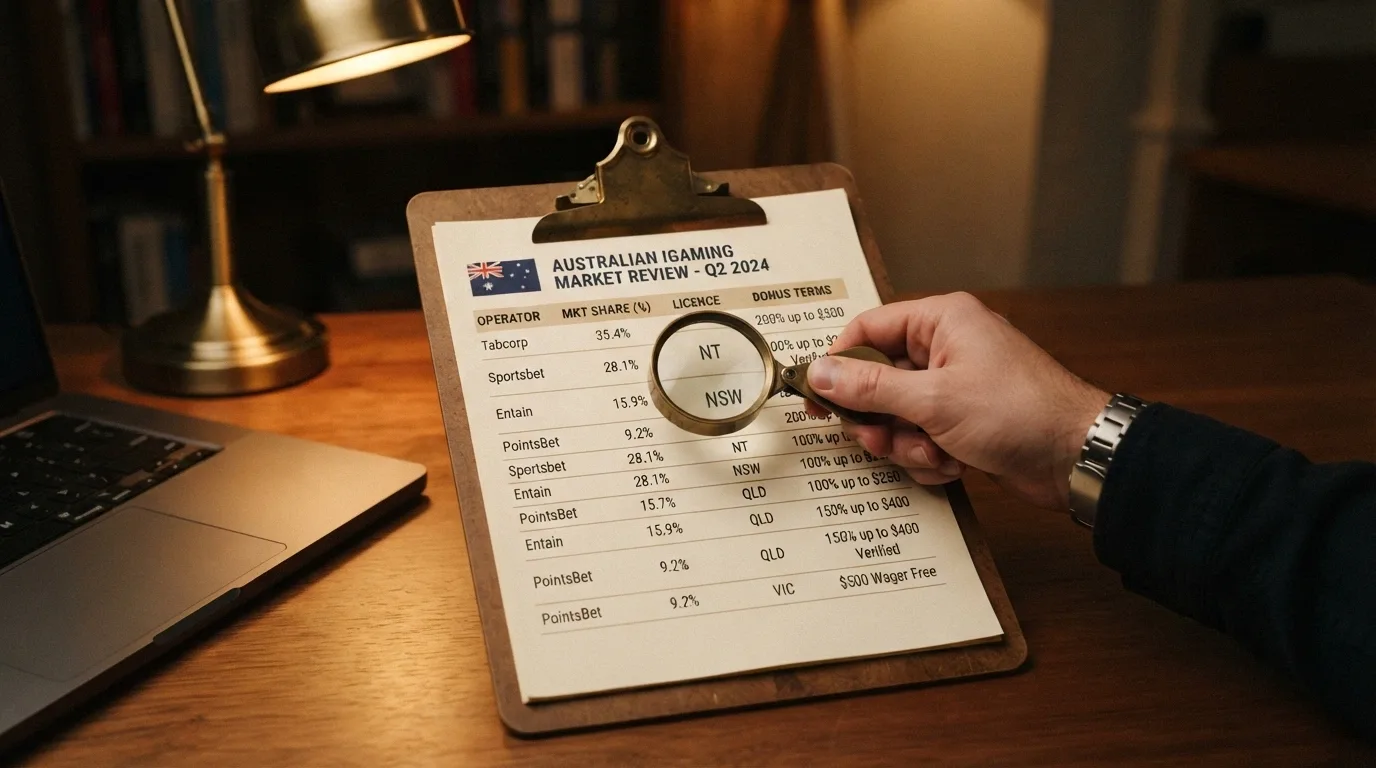 A clipboard or checklist with market-share data, a Curaçao licence document excerpt and a magnifying glass over bonus terms