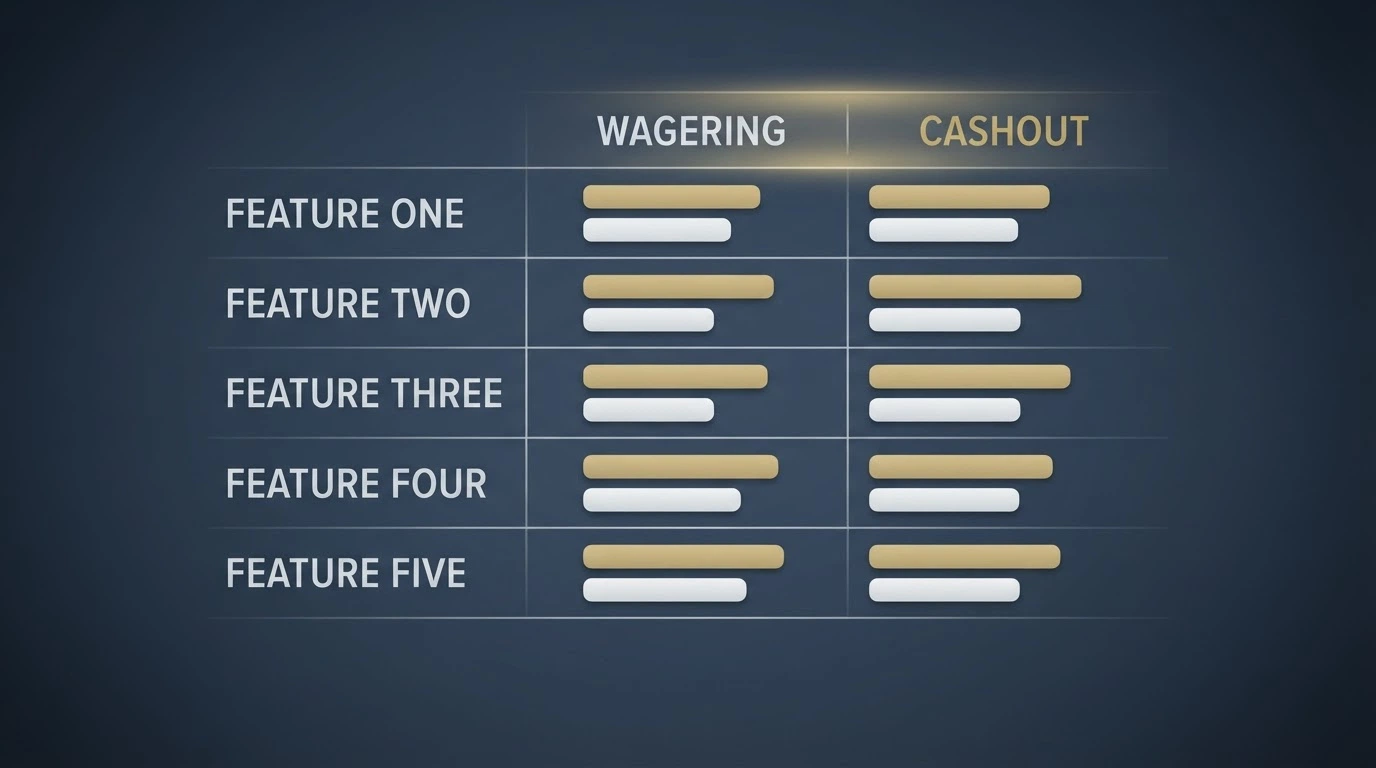 A side-by-side comparison layout showing operator names against wagering and cashout columns