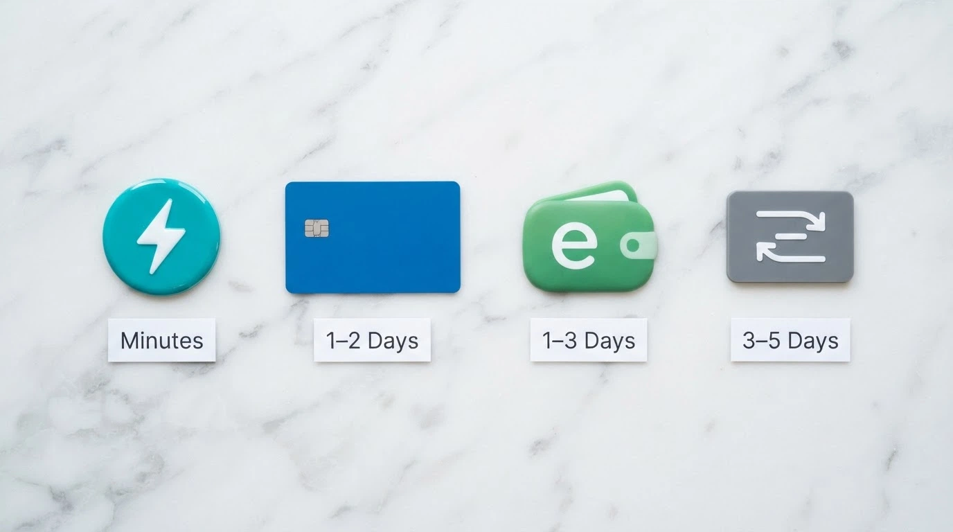 Four payment icons — PayID, debit card, PayPal and a bank transfer symbol — arranged left to right by speed, with withdrawal times listed underneath