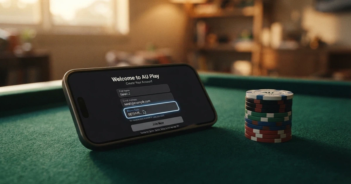A smartphone screen showing an online casino promo code field beside a stack of poker chips