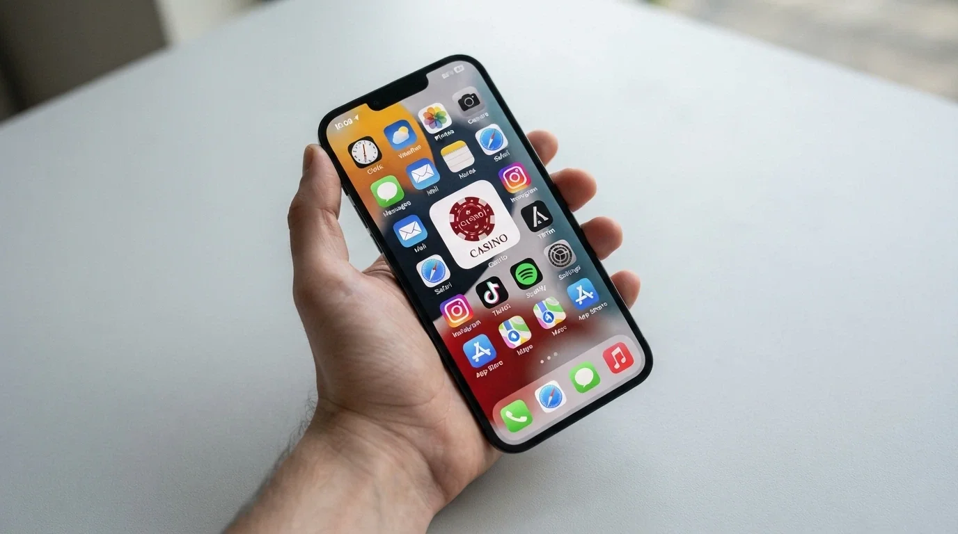 A hand holding a smartphone with a casino PWA shortcut icon on the home screen next to native app icons