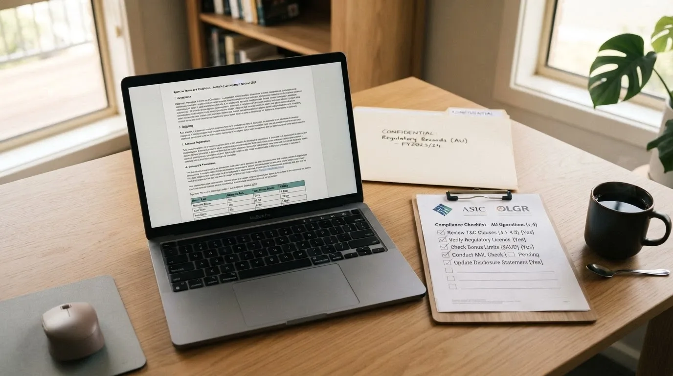 A desk with a laptop open to operator terms pages, ACMA records and a checklist of evaluation criteria