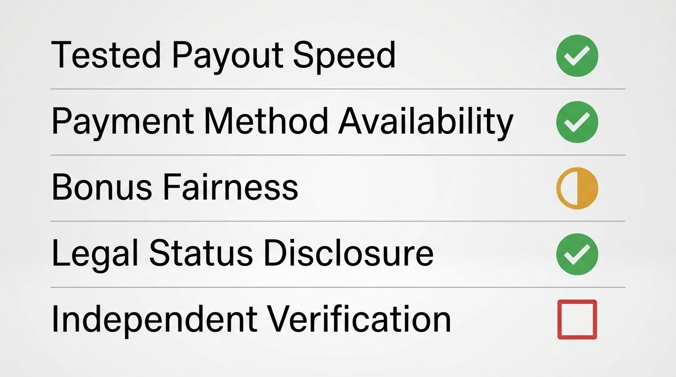 A checklist or scorecard motif with criteria items like “tested payout speed,” “payment method availability,” and “legal status” visible