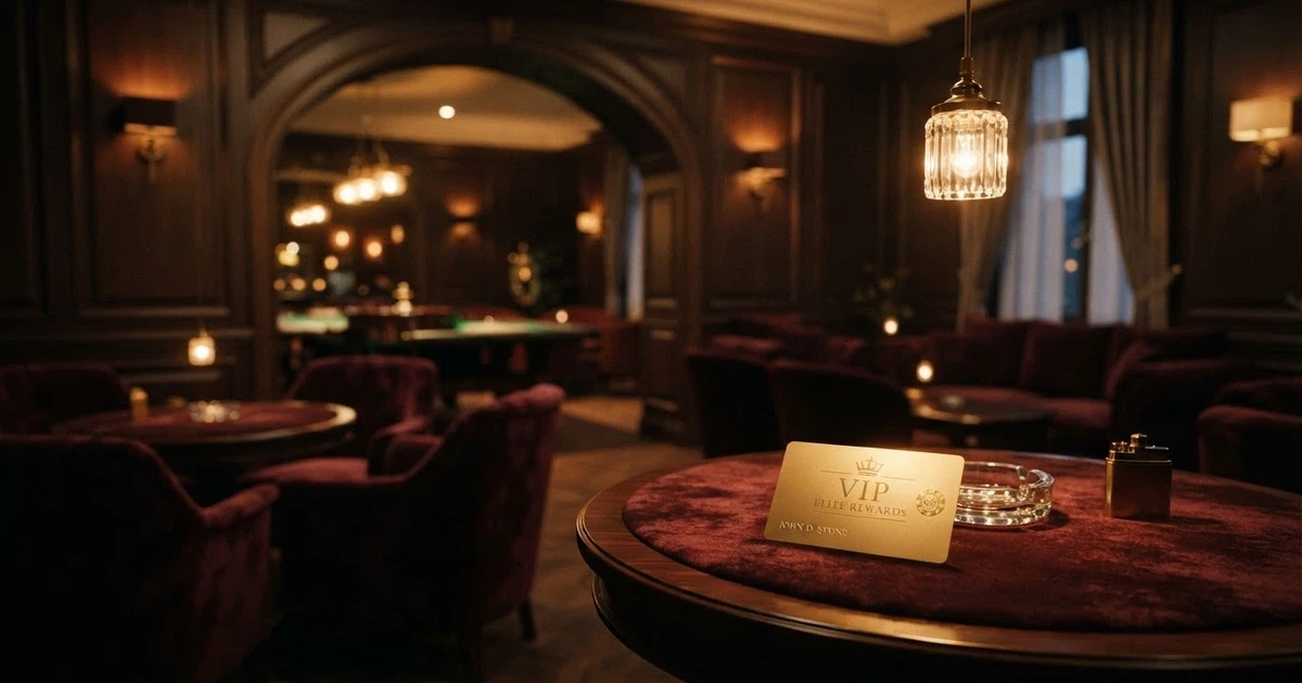 A luxury casino VIP lounge interior with a golden loyalty card resting on a velvet surface, the room empty and the card untethered to any Australian licence badge