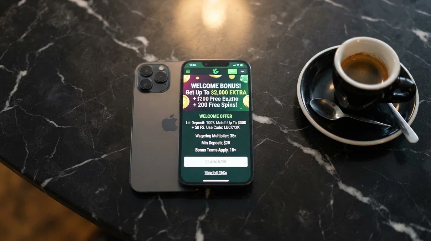 iPhone displaying a casino promotions page with a welcome bonus offer, wagering requirement and terms link visible