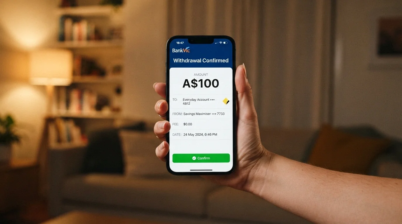 A smartphone showing a casino withdrawal screen with an amount in Australian dollars and a bank account destination field
