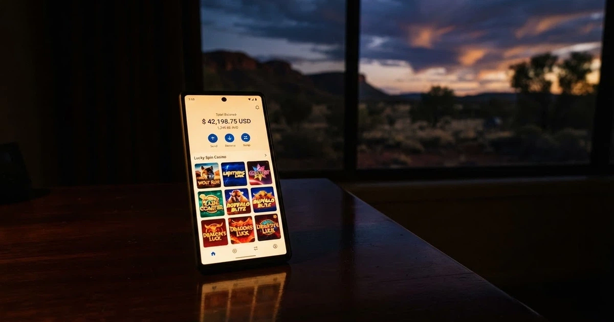A smartphone screen showing a bitcoin wallet balance next to a casino lobby with pokies thumbnails, set against a darkened Australian outback sky