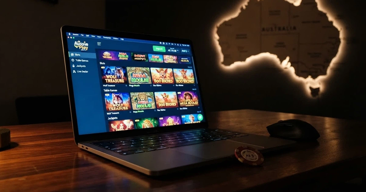 A laptop screen displaying a Bitcoin Cash casino lobby with a BCH deposit button highlighted, set against a dark background with the Australian continent faintly visible
