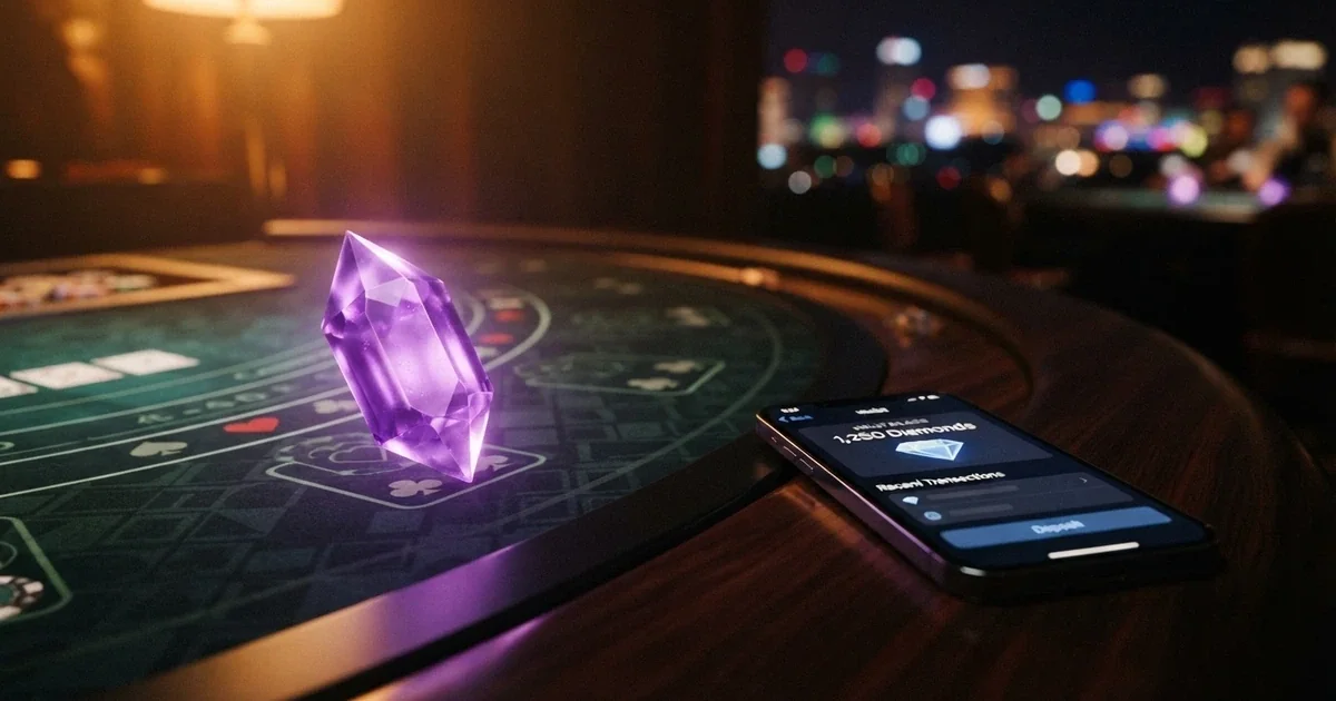 Ethereum logo over a digital casino table interface with a smartphone showing a wallet balance
