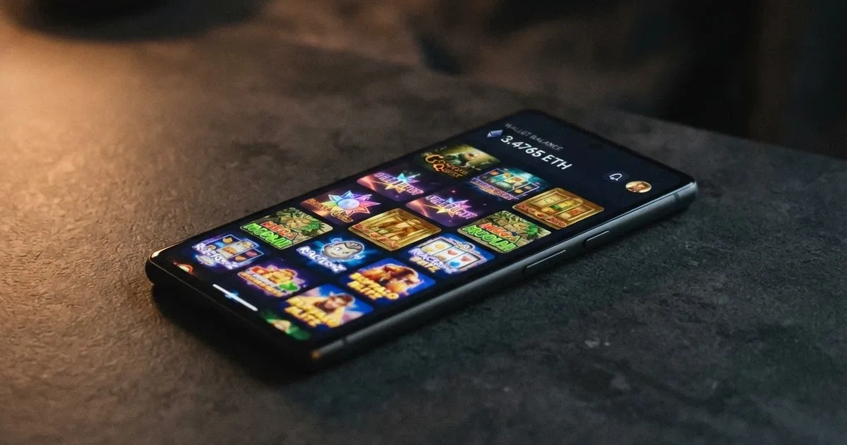 A smartphone screen showing a Litecoin wallet balance beside an online casino lobby with pokies thumbnails, set against a dark background with the Litecoin logo visible